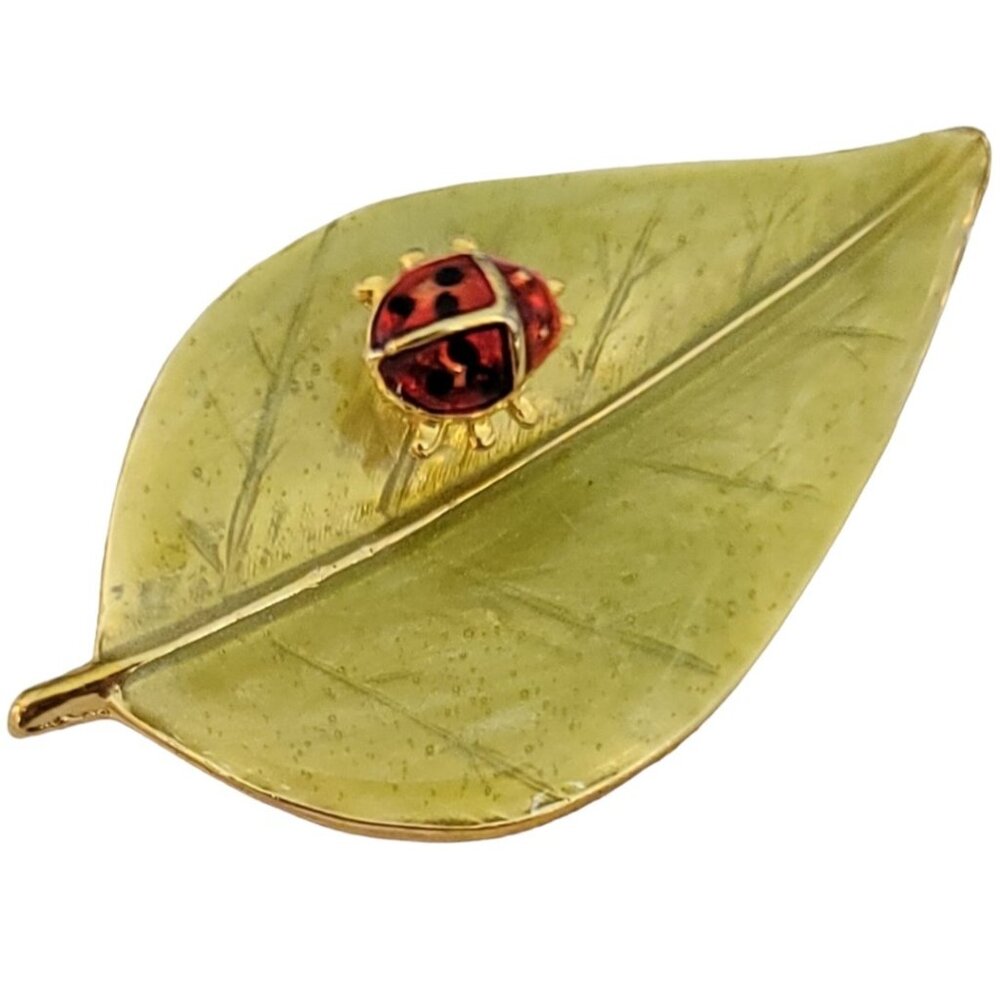LIA Green Enamel Leaf Ladybug Trembler Brooch Pin, Signed M453